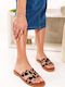 Beige Print Leather Flat Sandals H Cut
