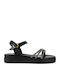 Μαύρα Δερμάτινα Flatforms Λεπτά Λουριά Στρας