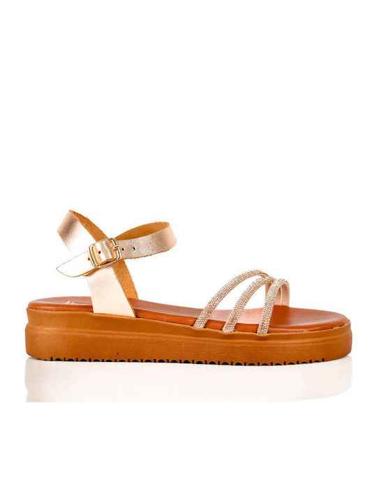 Μπρονζέ Δερμάτινα Flatforms Λεπτά Λουριά Στρας