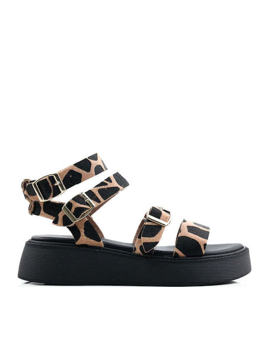 Beige Print Leather Flatforms With Triple Adjus...