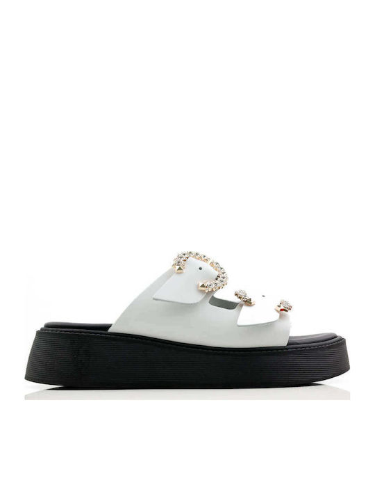 Λευκά Flatforms Διπλά Ρυθμιζόμενα Λουριά Στρας
