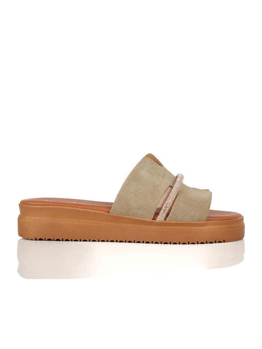 Beige Flatform Damen Sandalen Strass Detail