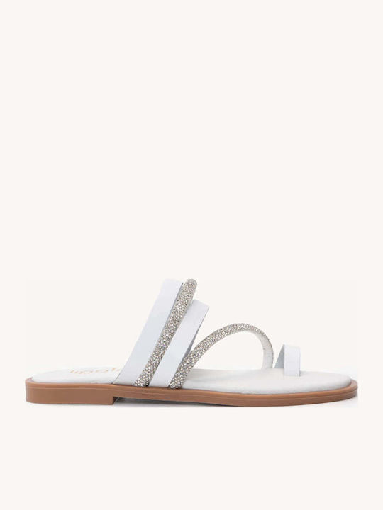 Weiß Flache Damen Sandalen Leder Strass