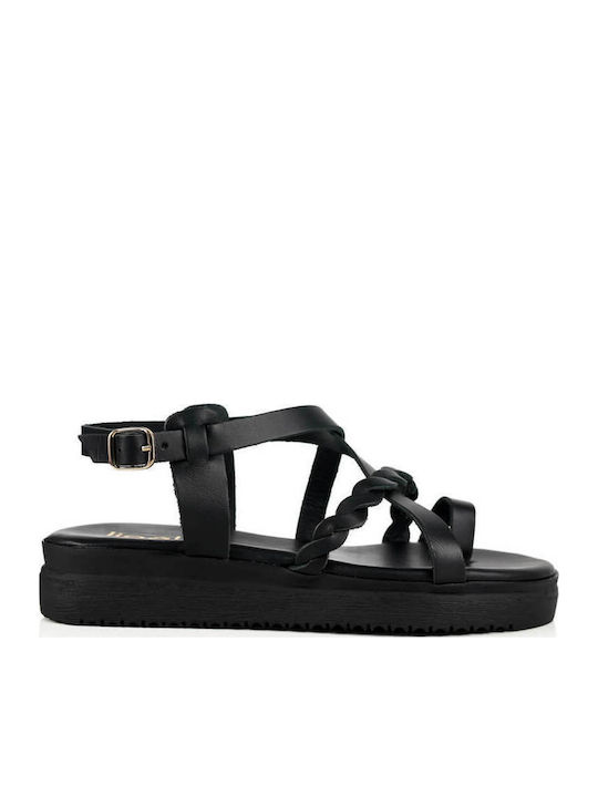 Μαύρα Δερμάτινα Flatforms Πλεκτό Μπροστινό Λουρί
