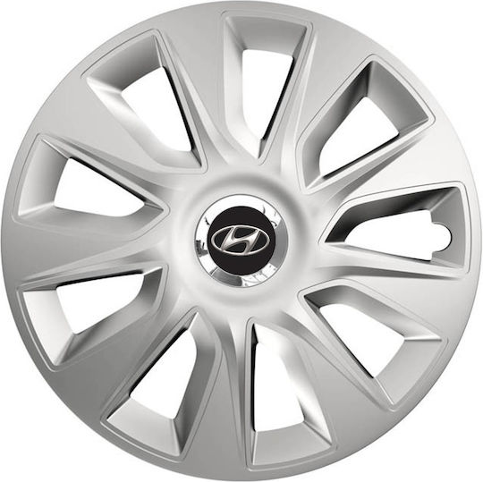 Car Wheel Hubcaps Versaco Stratos 14" Silver Chrome Rings 3D Metal Logo Hyundai 4 Pieces