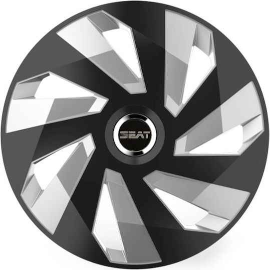 Car Wheel Hubcaps Versaco Stratos 15" Vector Black Chrome Rings Cbx 3d Metal Logo Seat 4 Pieces