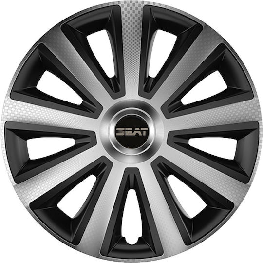 Car Wheel Hubcaps Versaco Aviator Carbon Chrome & Black 15" 3D Metal Logo Seat 4 Pieces