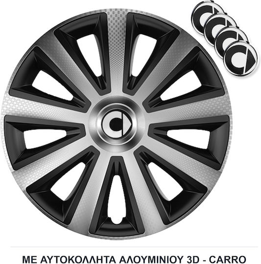 Τάσια Τροχών Αυτοκινήτου Versaco Aviator Καρμπόν Χρώμιο & Μαύρο 15" Σήμα 3d Μεταλλικό Smart 4 Τεμάχια