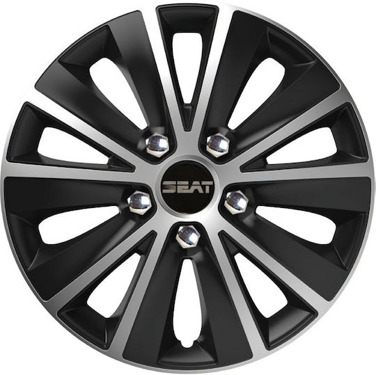 Car Wheel Hubcaps Versaco Paris Black Chrome Silver Bolts 15" 3d Metal Logo Seat 4 Pieces