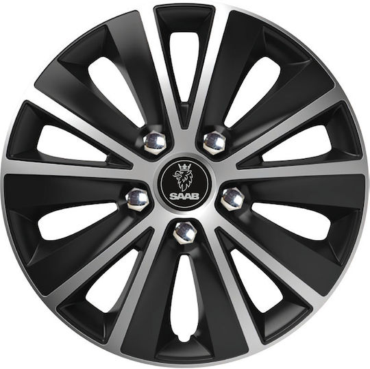 Car Wheel Hubcaps Versaco Paris Black Chrome Silver Bolts 14" 3d Metal Logo Saab 4 Pieces