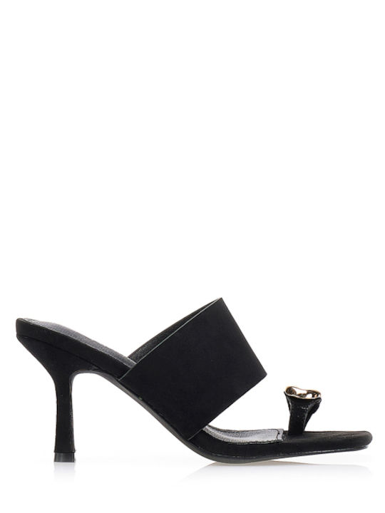 Suede Mules με Ψηλό Τακούνι σε Μαύρο Χρώμα