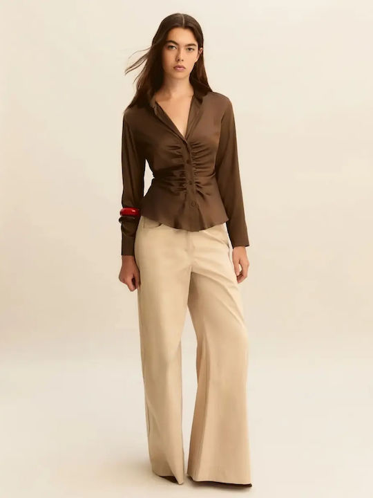 Women's Fabric Trousers in Loose Fit Beige
