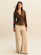 Women's Fabric Trousers in Loose Fit Beige