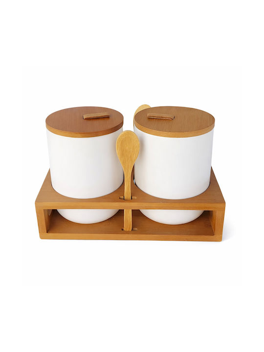 Set of 2 Coffee and Sugar Jars with Lid and Stand Made of Brown Porcelain 10.5x14.5cm 2 Pieces