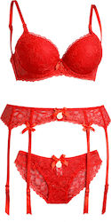 Join Sexy Set Feminine Sutien Cupa B Lenjerie Jartiere Cu Dantelă Poliester Roșu