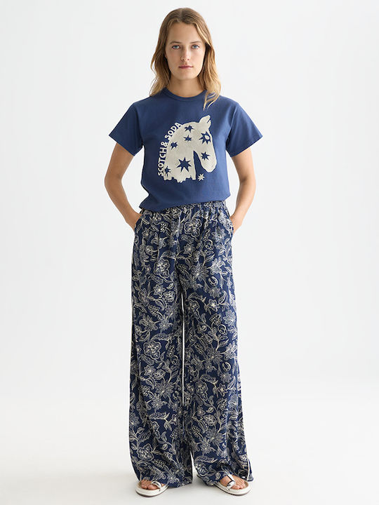 Scotch & Soda Women's Satin Flared Trousers with Rubber Band Floral Blue