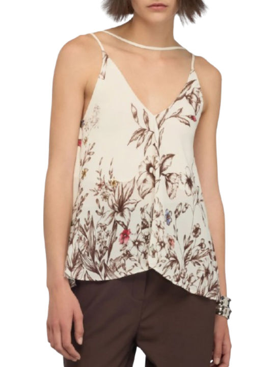 Damenbluse Blumen Ecru/Braun
