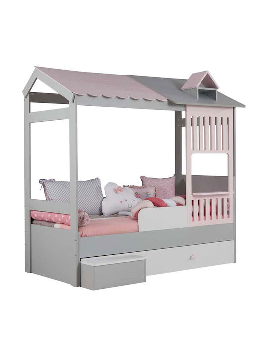 Pat Single pentru Copii cu Spațiu de Stocare Roz pentru Saltea 90x190cm