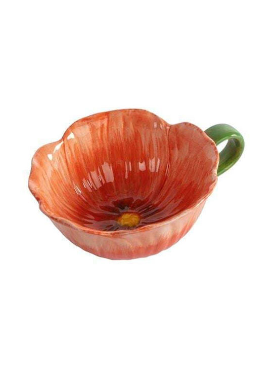 Cană De Ceai Mac Ceramică Portocalie Cu Mâner Verde 14x5 Cm