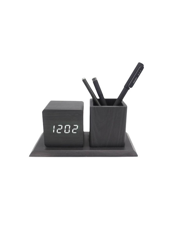 Wooden Digital Tabletop Clock Pencil Holder & T...