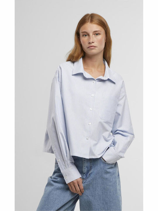 Long Sleeve Women's Cotton Shirt Lighthorizonblue/White Striped
