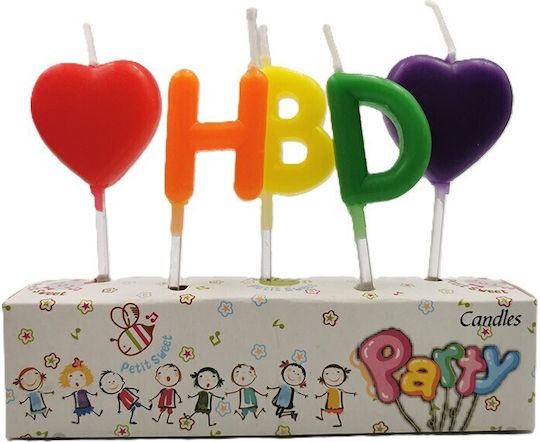 Set 5 Lumanări De Ziua De Naștere Model Inimă Litere Hbd 1.8 X 2.7 Cm Ceară Multicolor