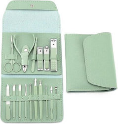 Set Cosmetic De Îngrijire 16 Piese Manichiură Pedichiură Față Include Geantă Organizator Din Eco-piele Verde