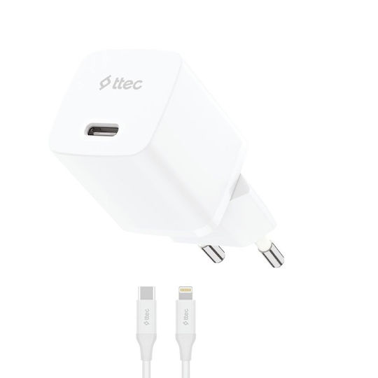 TTEC GaN Charger With USB-C Port And USB-C - Lightning Cable 30W Power Delivery White SmartCharger