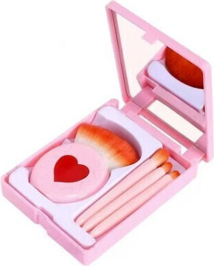 Set 4 Mini Makeup Brushes Alista Home Portable In Case Mirror Made Soft Synthetic Hair Pink Heart Design 12x7x2.5 Cm
