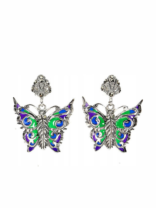 Silver 925 Enamel Earrings Natural Marcasite Butterfly 5