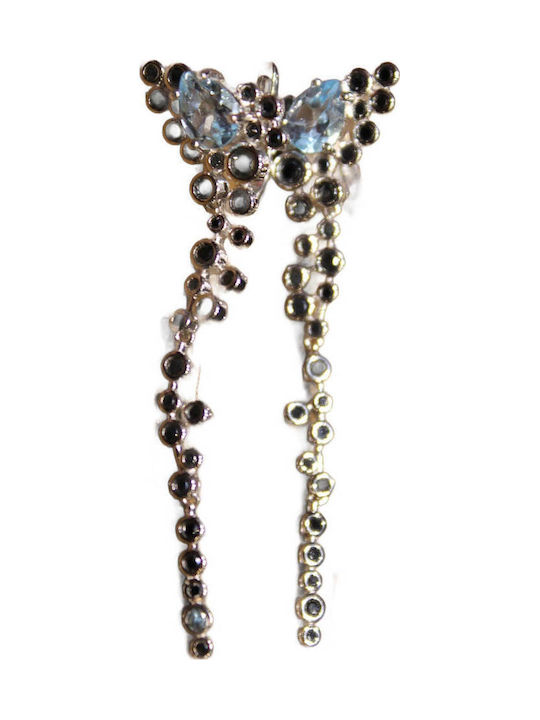 5 Silver Delicate Dangling Earrings Natural Sky Blue Topazes Black Spinels