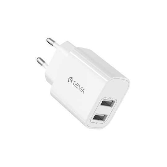 Devia Charger With 2 USB-A Output Ports And Lightning Cable 12W White RLC-342