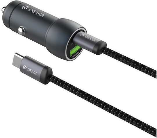 Devia Metal Car Charger 48W 3A Fast Charging with Ports 1xUSB 1xType-C with Type-C Cable Gray Colour