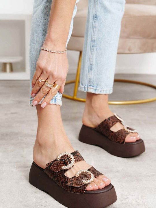 Καφέ Flatforms Snake Print Διακοσμητικές Αγκράφες