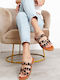 Beige Print Leather Slippers Velcro Closure