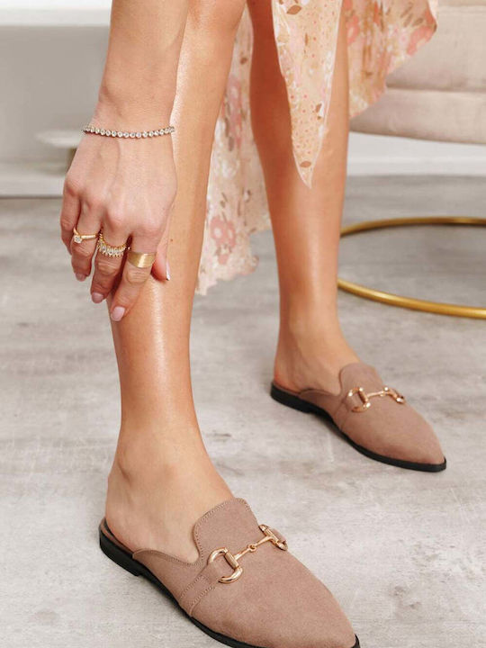 Μπεζ Suede Mule Μοκασίνια Δερμάτινο Πάτο