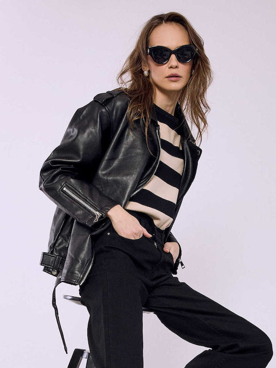 Celestino Damen Jacken Biker Künstliches Leder Loose Fit Schwarz Celestino Damen Jacken Biker Künstliches Leder Loose Fit Schwarz