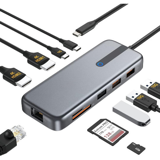Stație de Andocare USB-C cu 4K PD Ethernet și Conexiune pentru 2 Monitoare Gri (ED419)