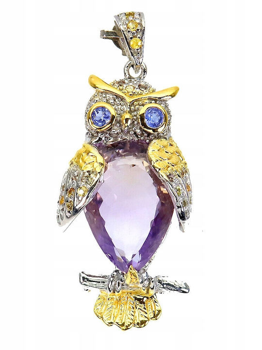 Silver Pendant Natural 22.82ct Amethyst Owl