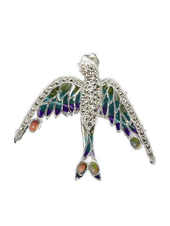 925 Brosche Anhänger Mit Emaille Natürliche Feueropale Marcasite Vogel