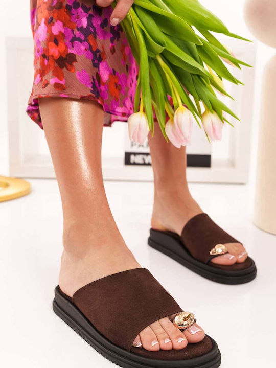 Καφέ Μαλακά Suede Flat Slides Χρυσό Διακοσμητικό