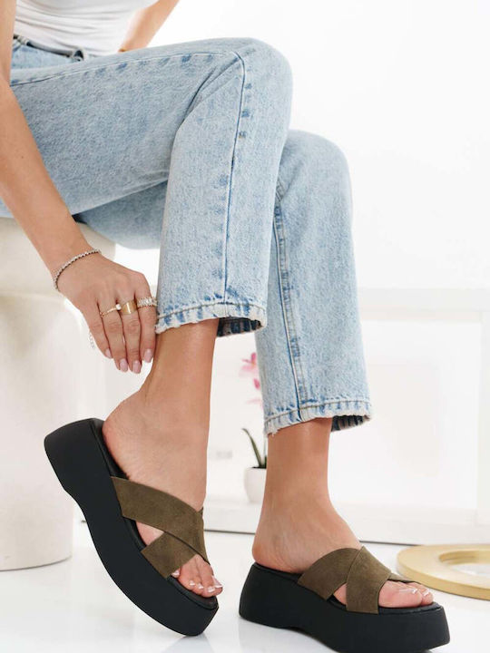 Olive Leather Flatform Sandals With Crossover S...