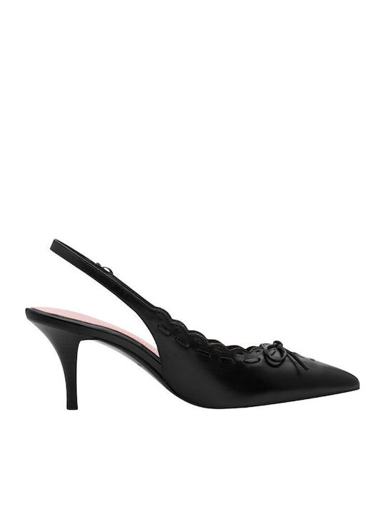 Leather Pointed Toe Heels with Strap & Mid Heel Black