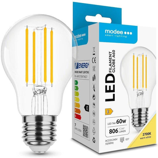 Modee Lighting Λάμπα LED 7W για Ντουί E27 και Σχήμα A60 Θερμό Λευκό