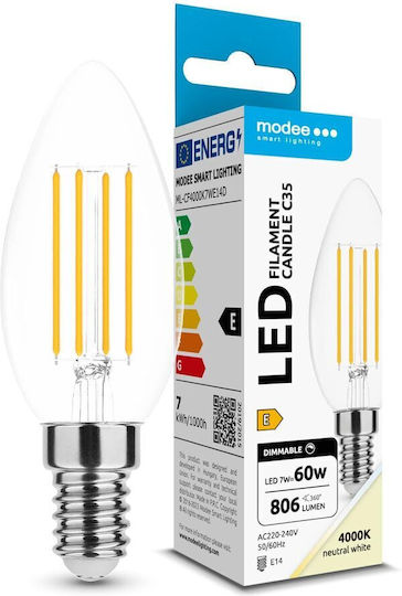 Modee Lighting Λάμπα LED 7W 98mm για Ντουί E14 και Σχήμα C35 Φυσικό Λευκό 806lm Dimmable
