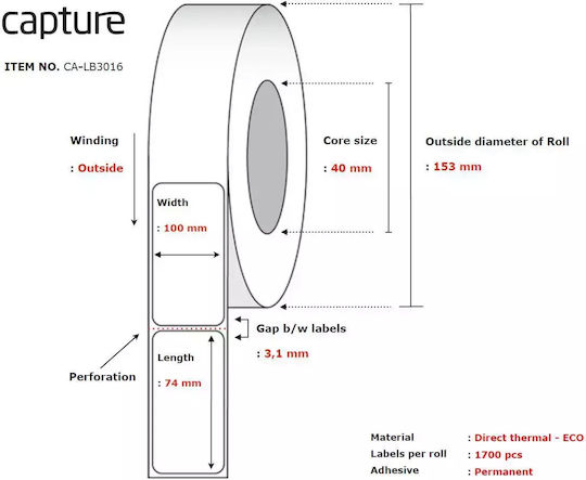 Capture 1700 Selbstklebende Etikettenrollen für Etikettendrucker 100x74mm 8 Stück