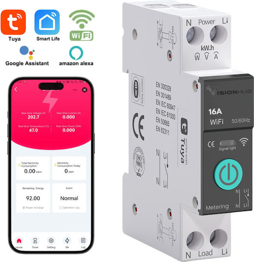Contor Inteligent De Energie Cu Siguranță Wifi 16a Monitorizare Consum Control De La Distanță Programare Inteligentă Compatibil Smart Life Tuya Alexa Google Home Montaj Pe Șină Din
