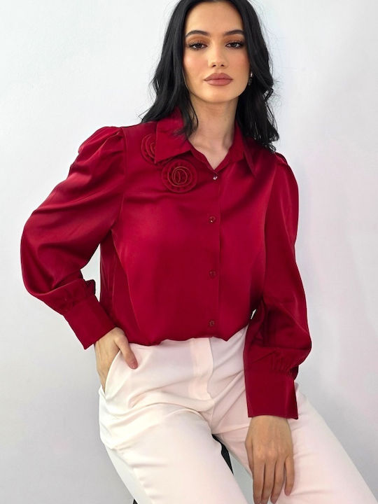 Cămașă De Damă Mătăsoasă Cu Mâneci Lungi Roșie Floral