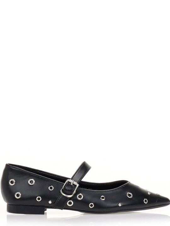 Damen Ballerinas Spitz zulaufend Mit Riemen Schwarz