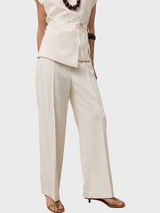 Women's High Rise Fabric Trousers in Straight Leg Off White